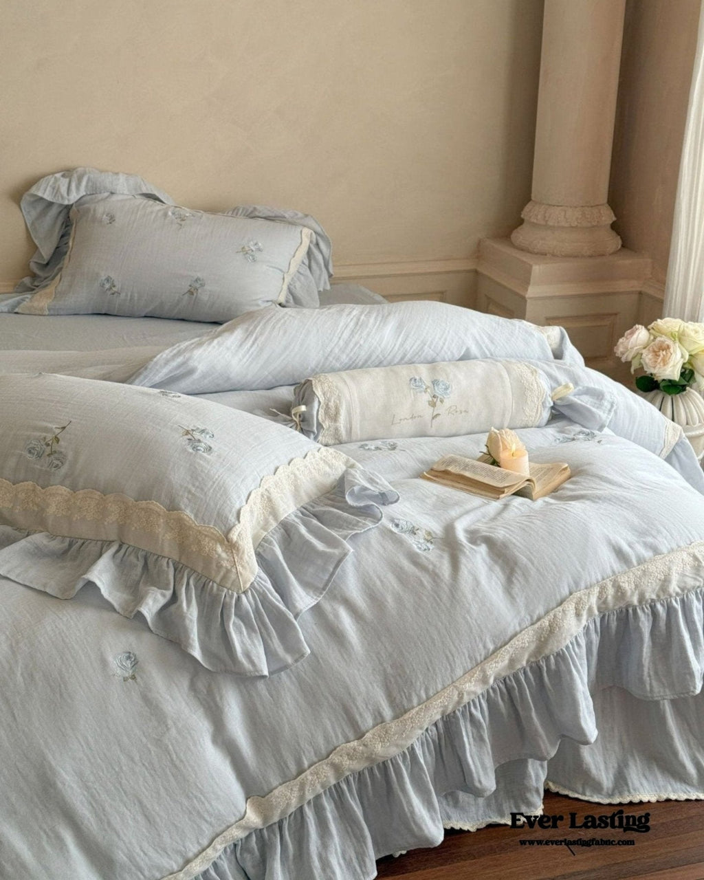 Beatrice Rose Lace Ruffle Bedding Set / Blue