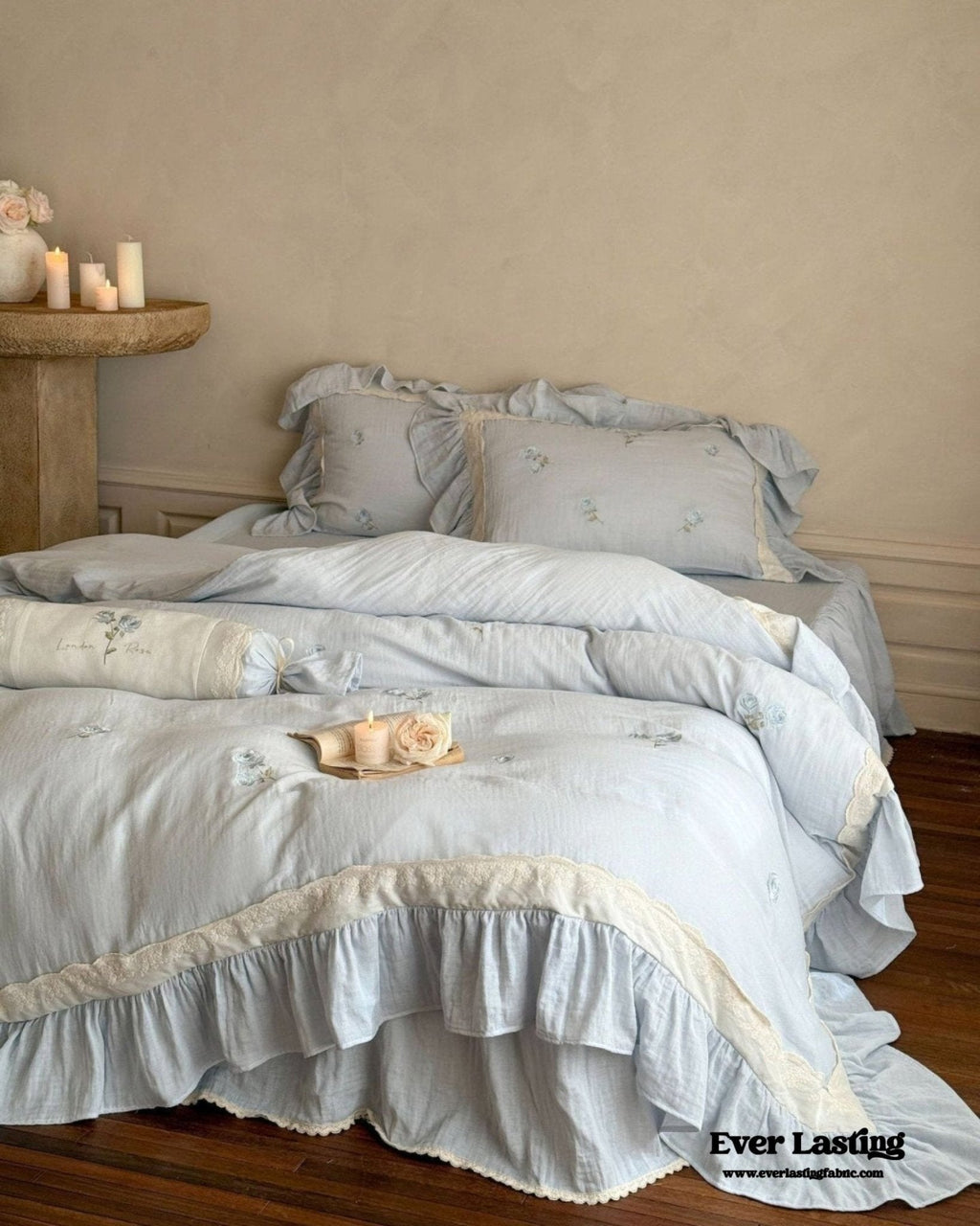Beatrice Rose Lace Ruffle Bedding Set / Blue