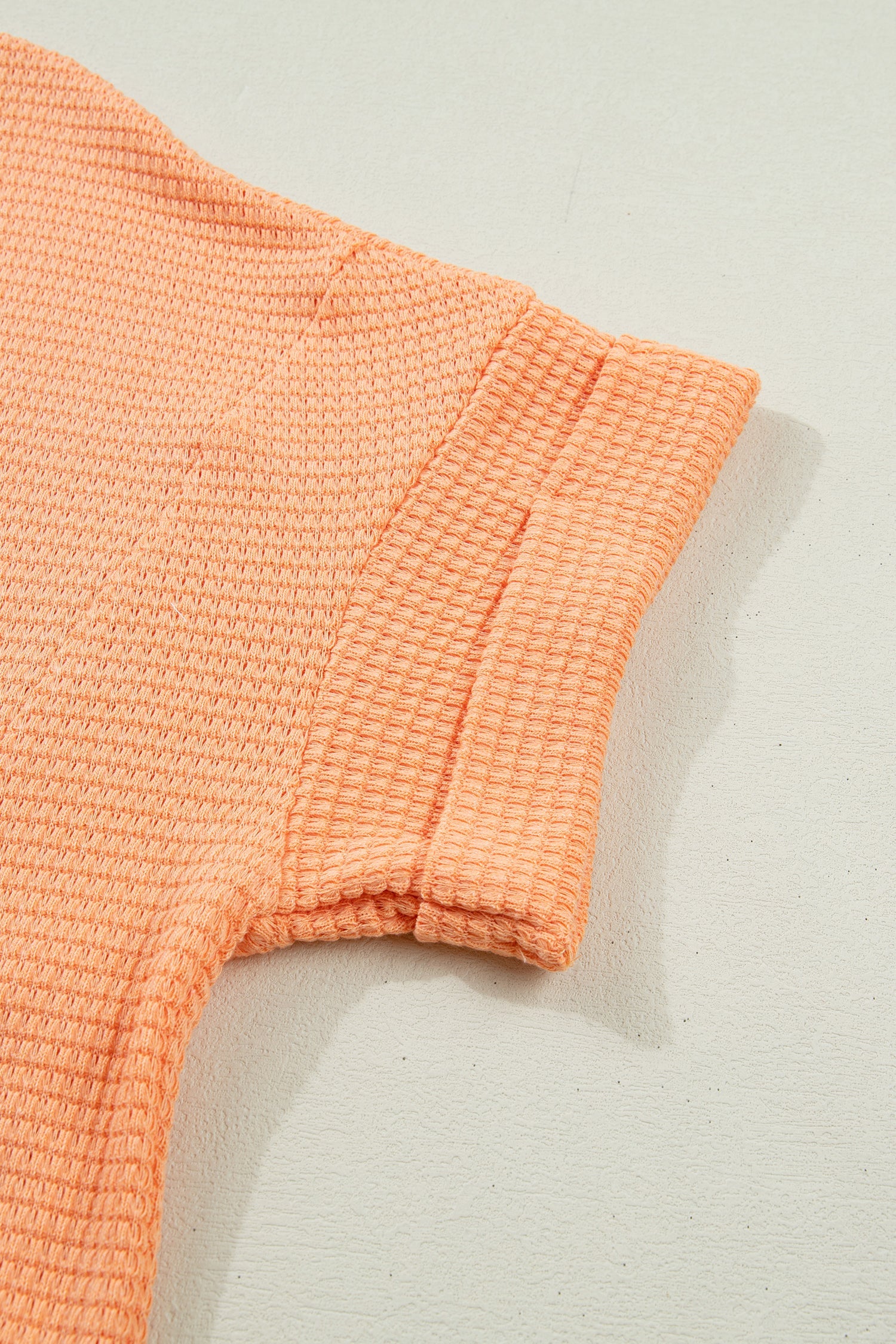 Grapefruit Orange Waffle V Neck Short Sleeve Knit Top