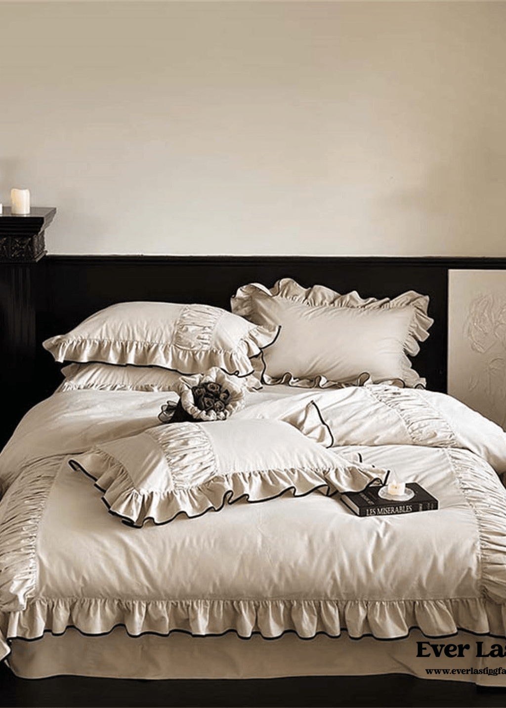 Beige Black Trim Ruffle Bedding Set
