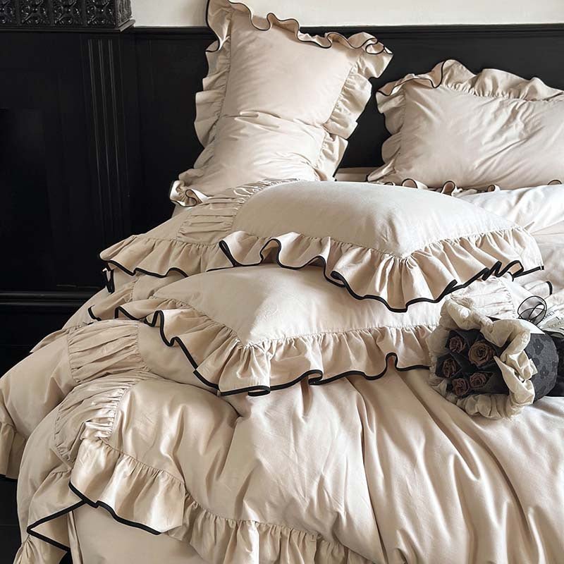 Beige Black Trim Ruffle Bedding Set