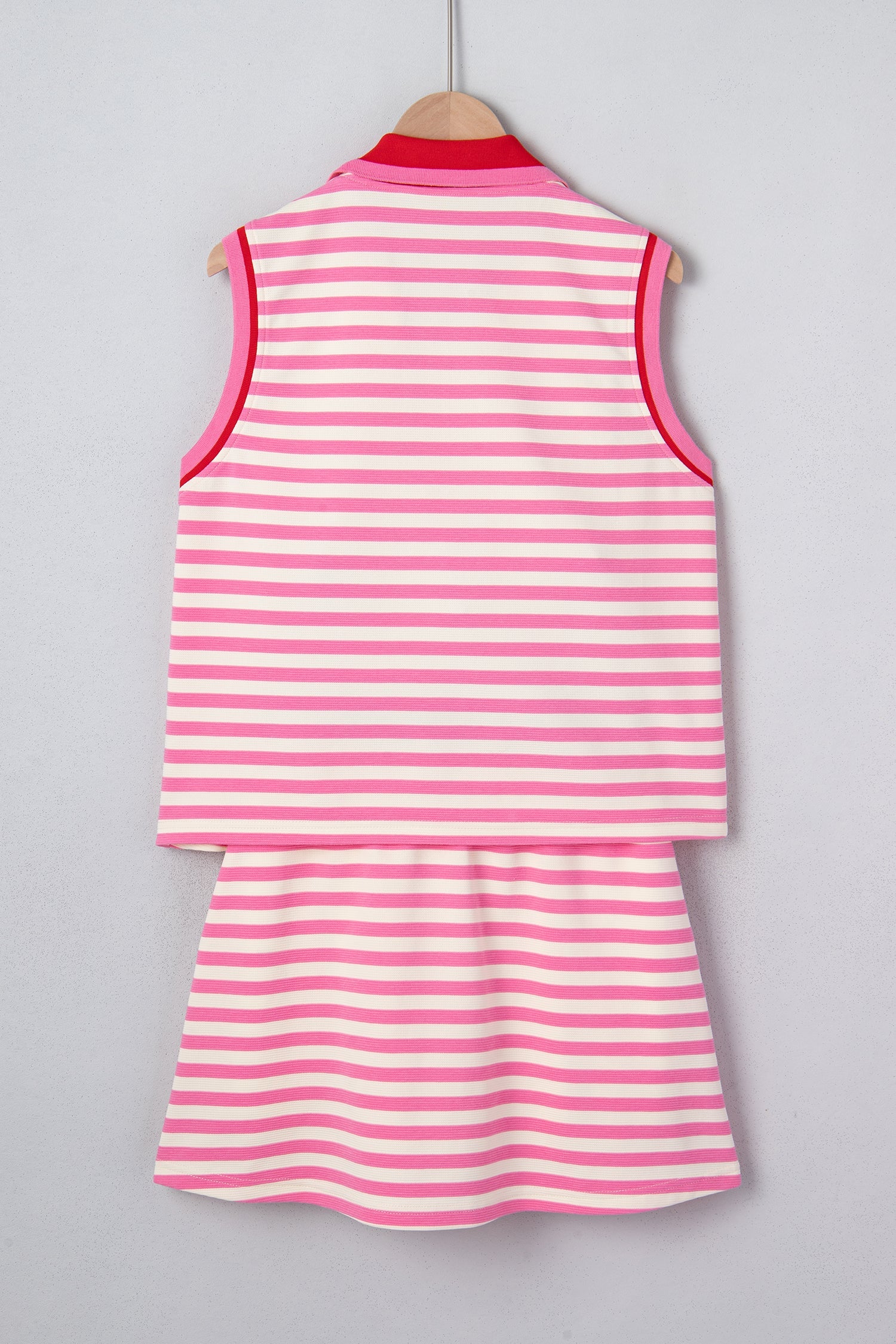 Sachet Pink Textured Stripe Print Contrast Trim Zip Collar Sleeveless 2pcs Skort Set