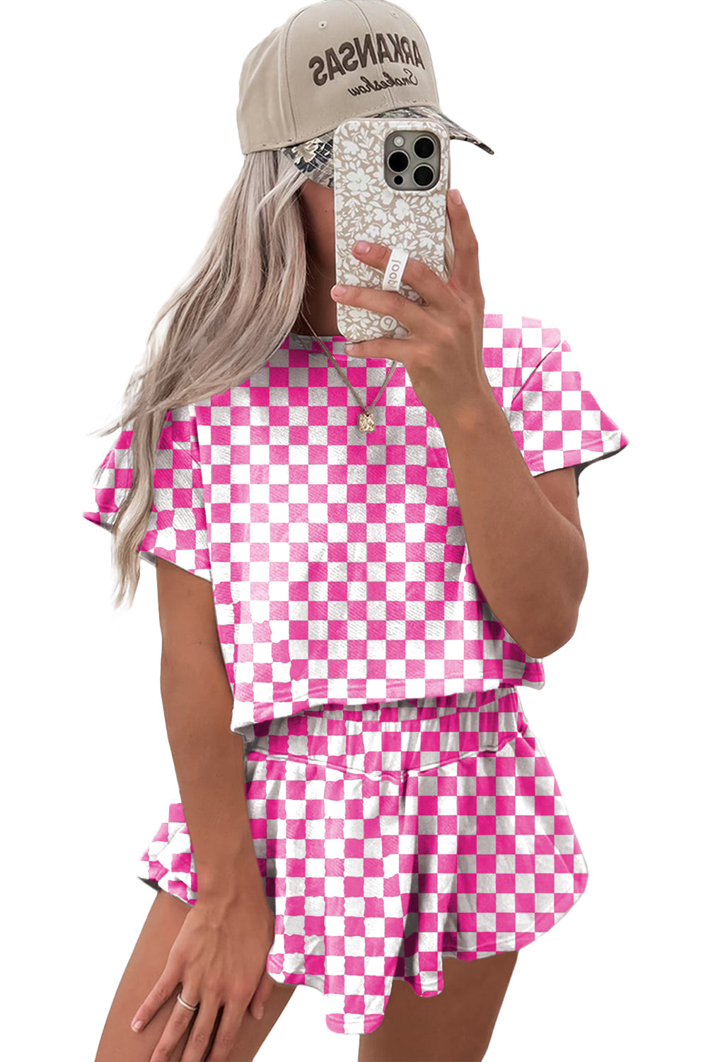 Brown Checkerboard T Shirt and High Waist Skorts Set