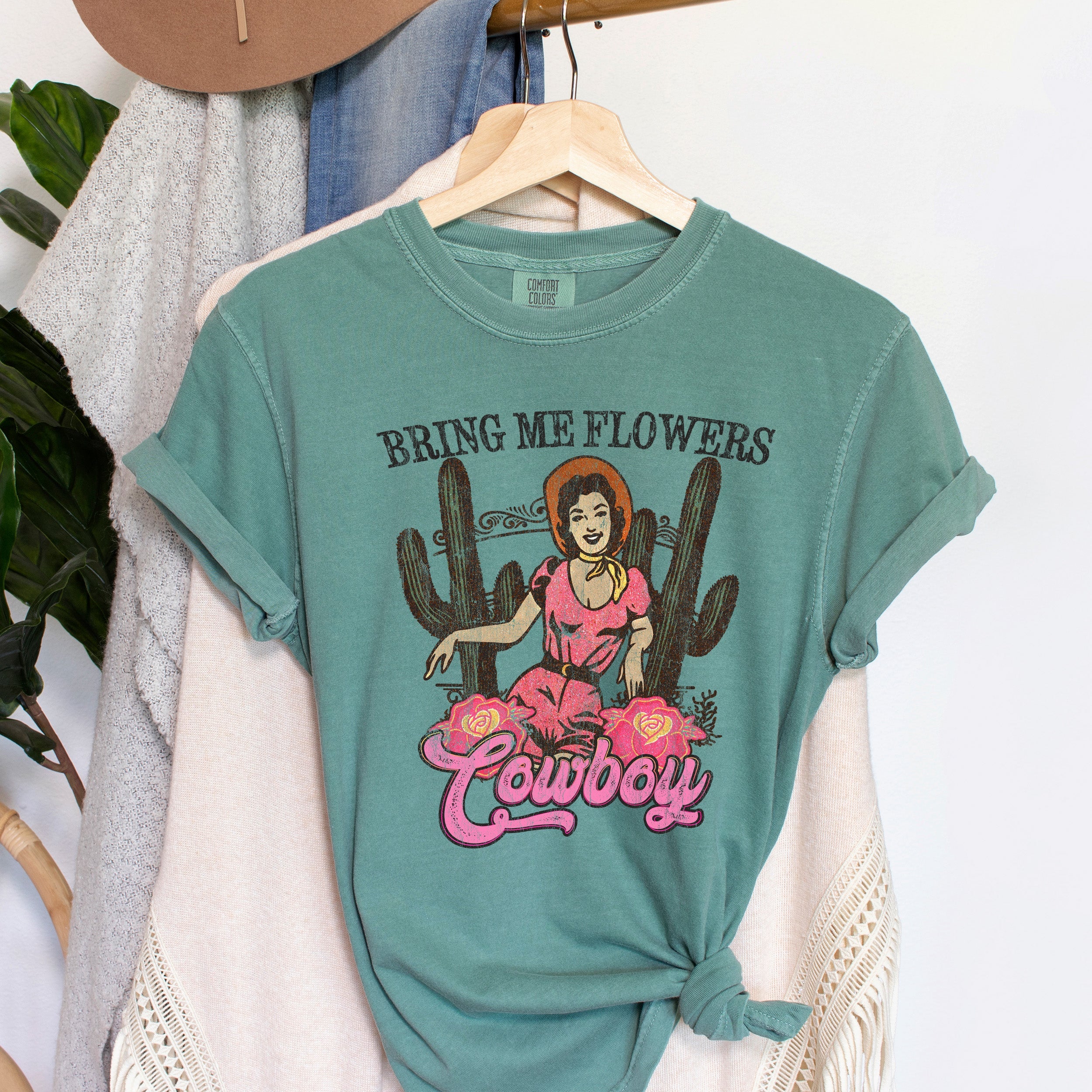 Bring Me Flowers Cowboy Vintage Western Rodeo Style Vintage-Inspired Print Comfort Colors Tee