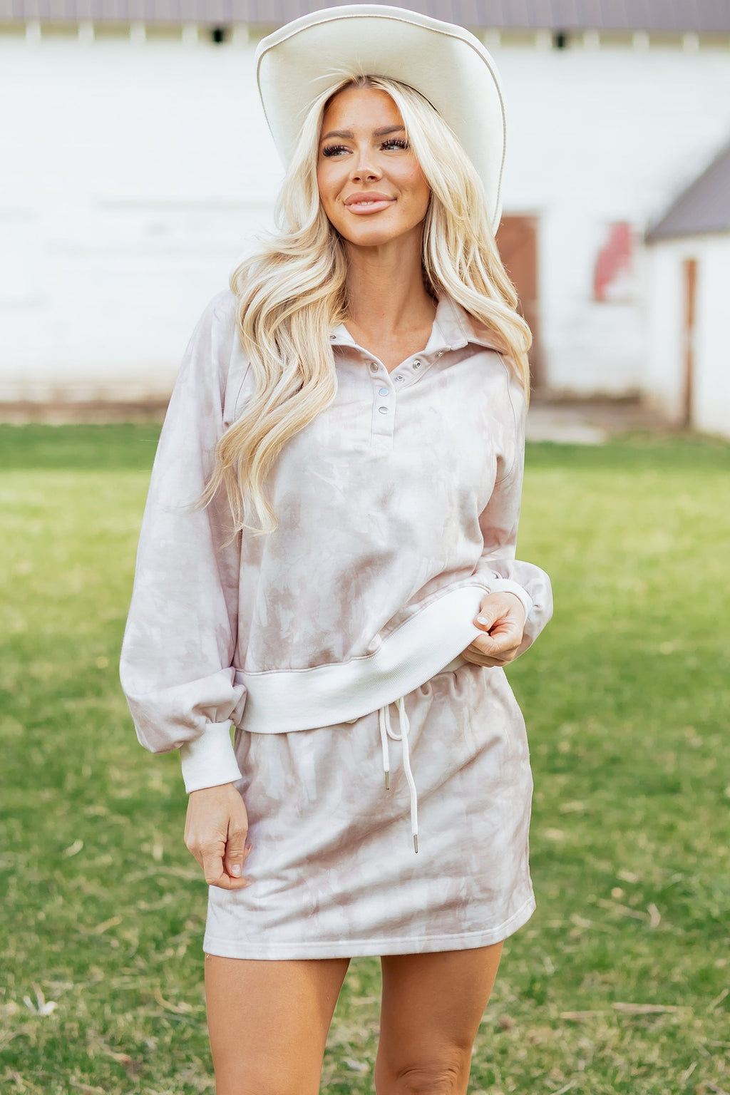 White Abstract Woodland Print Balloon Sleeve Pullover Drawstring Mini Skort Set