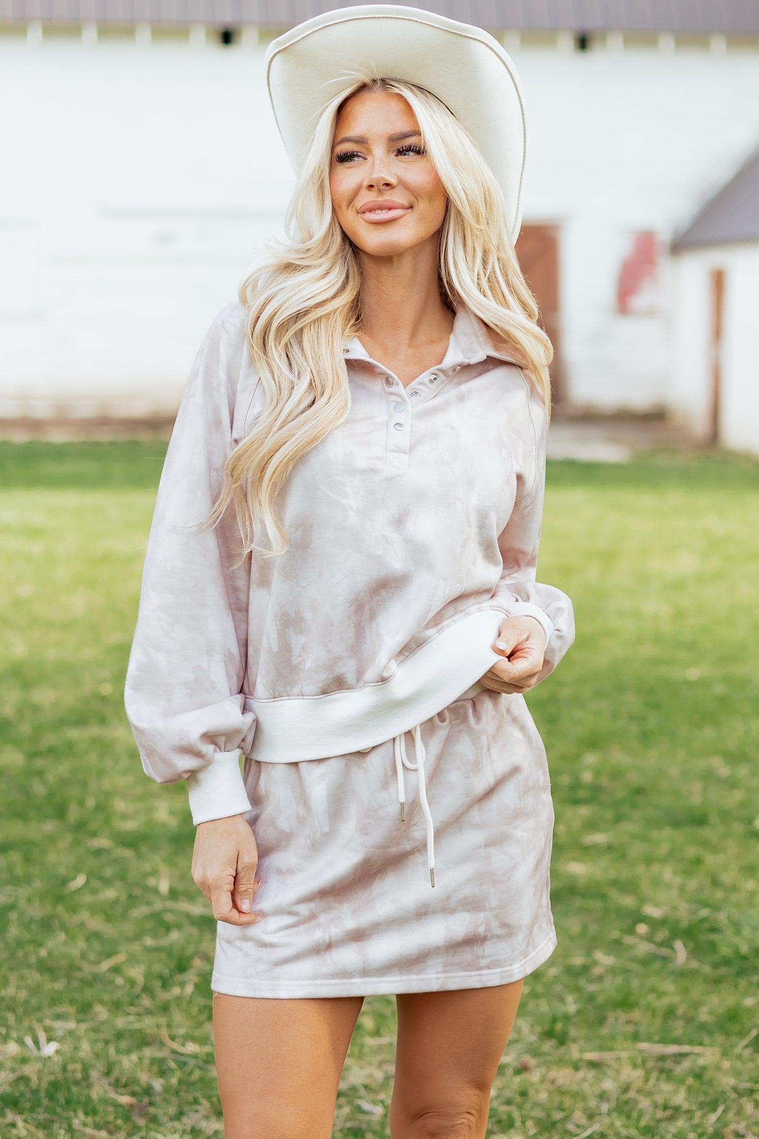 White Abstract Woodland Print Balloon Sleeve Pullover Drawstring Mini Skort Set