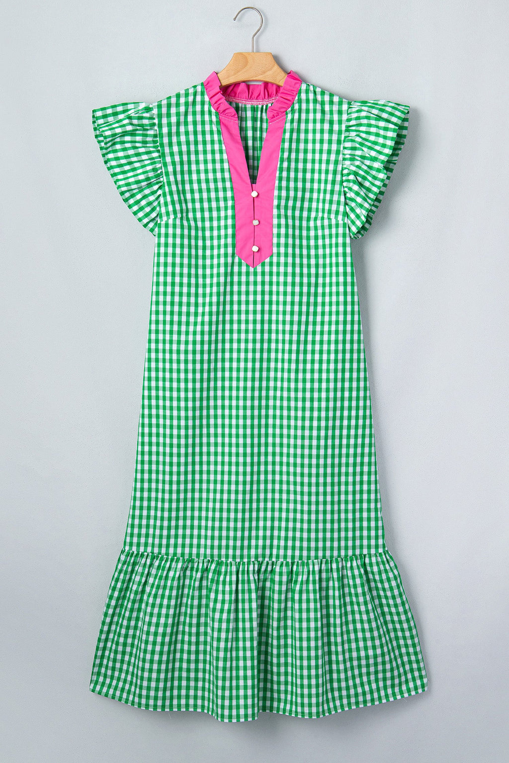 Bright Green Summer Color-Blocked Plaid Pattern Midi Dress