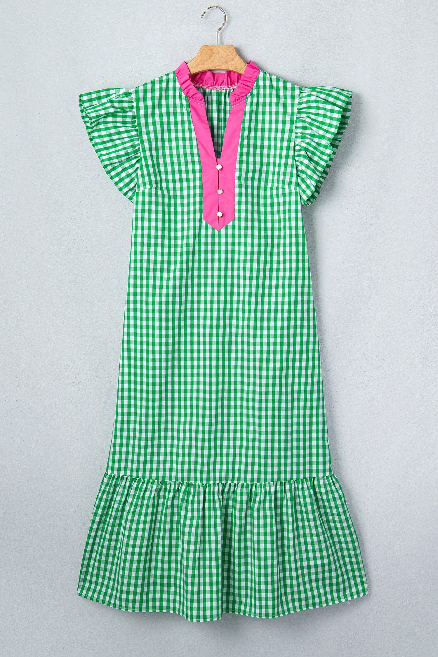 Bright Green Summer Color-Blocked Plaid Pattern Midi Dress