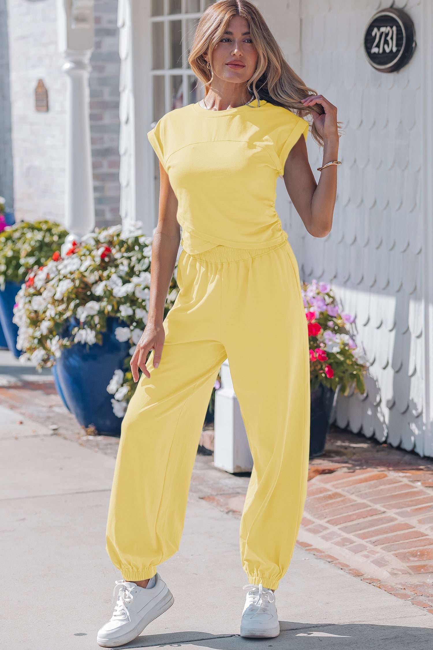 Yellow Cream Solid Color Cropped Tank Top and Jogger Pants Set