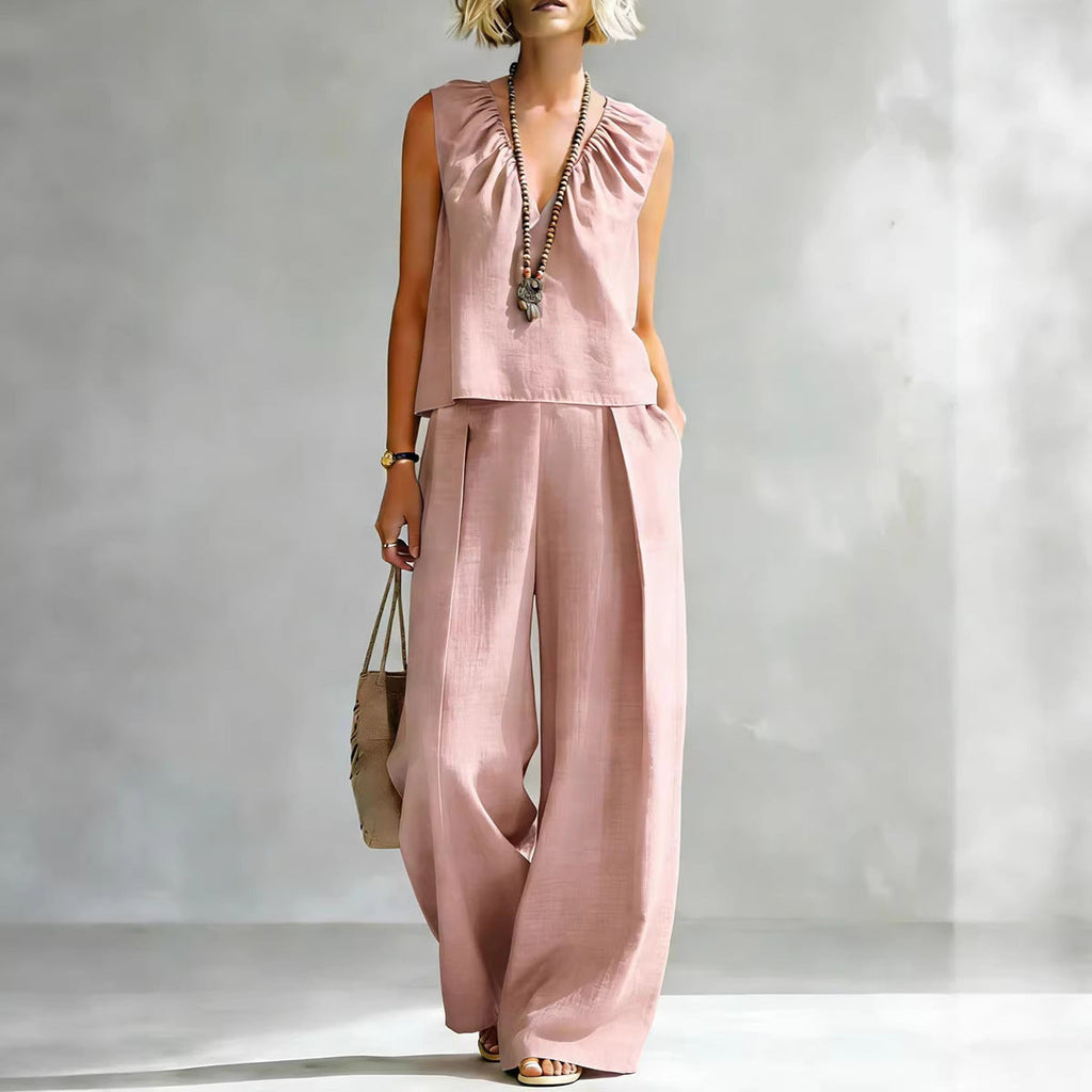 Women's Sleeveless Cotton-Linen Shirt & Pants Set – Urban 2-Piece