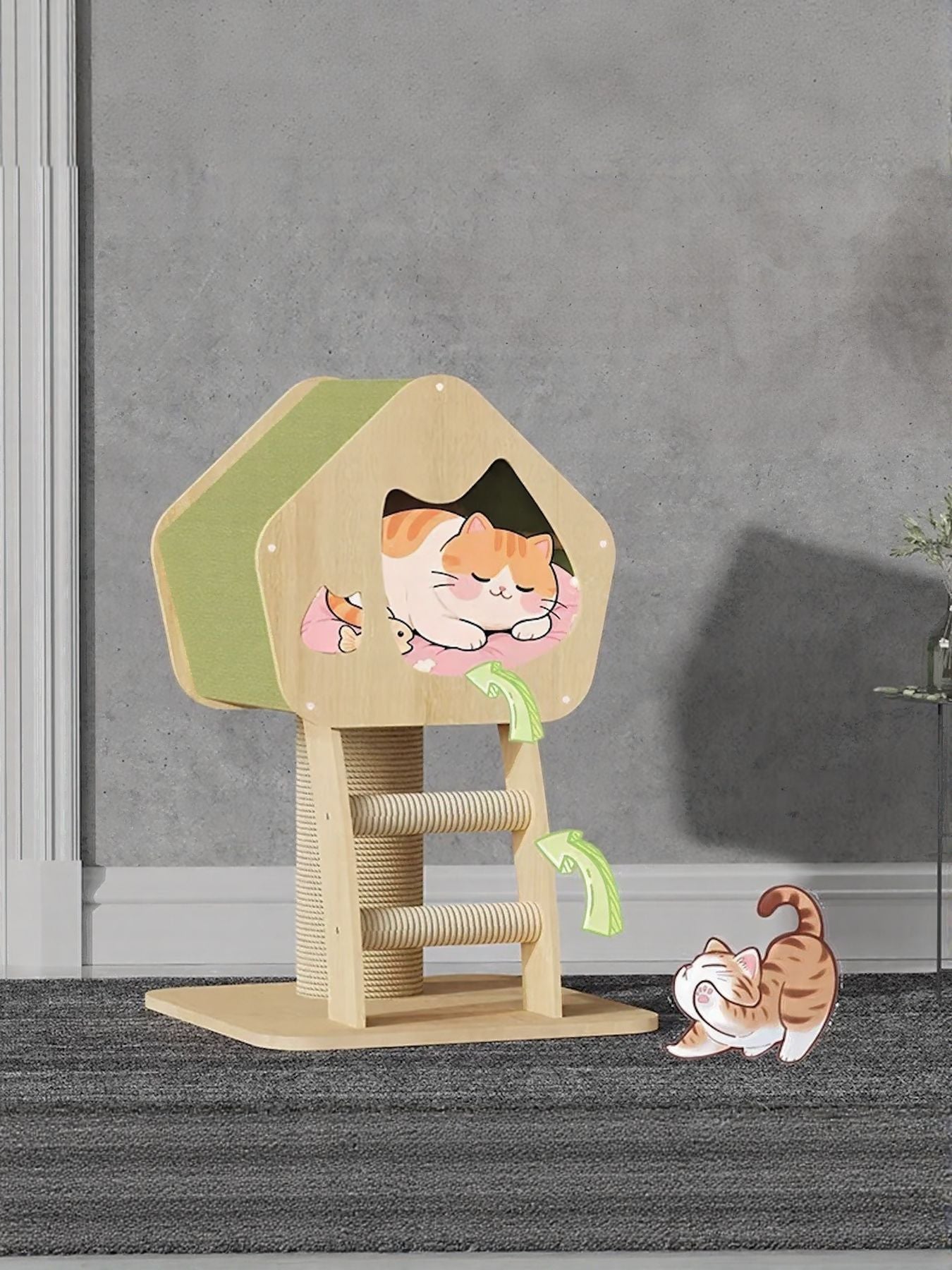 Modern Wooden Cat Condo with Scratching Post