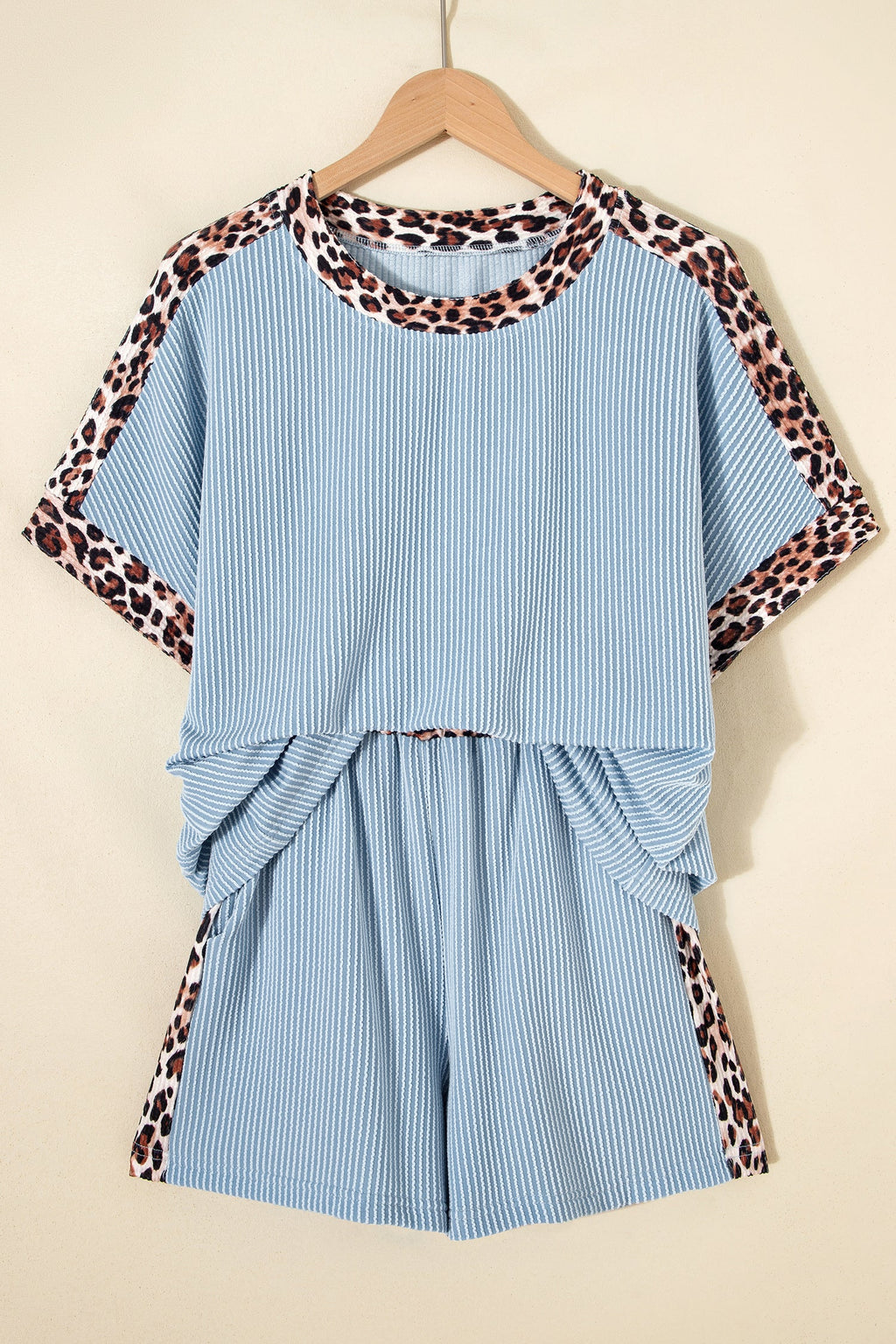 Sky Blue Leopard Trim Twist Ribbed Short Set