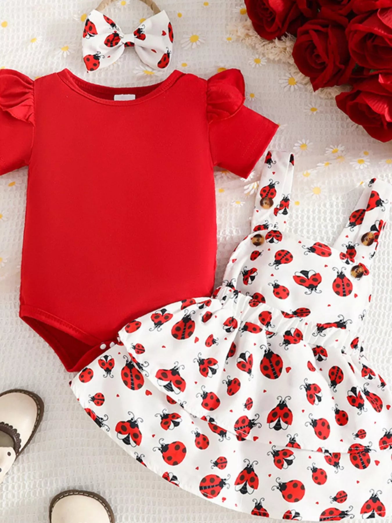 Children's Ladybug Print Ruffle Sleeve Baby Set with Headband