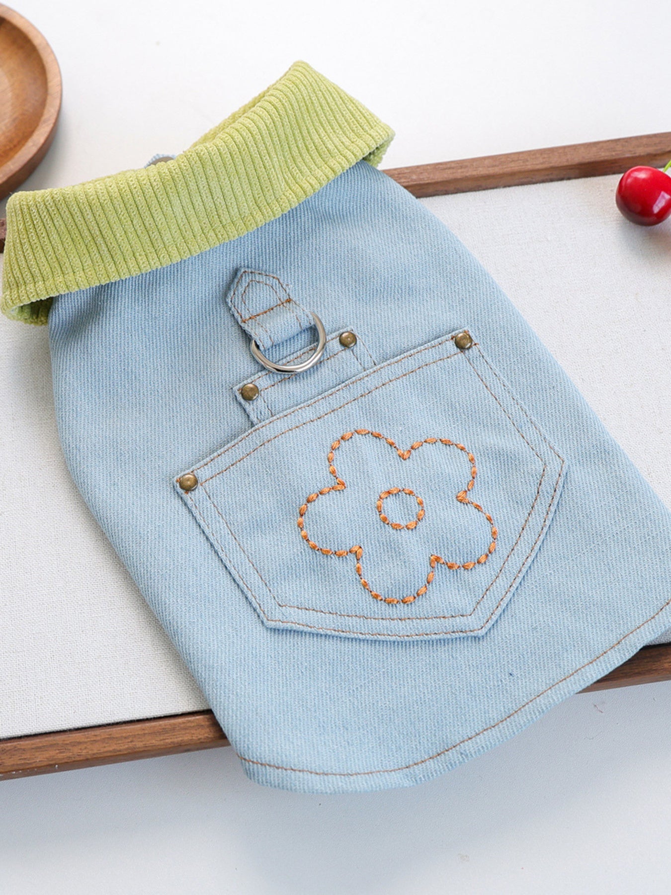 Denim Flower Embroidered Pet Top