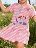 Children's Striped Dinosaur Embroidered Casual Dress