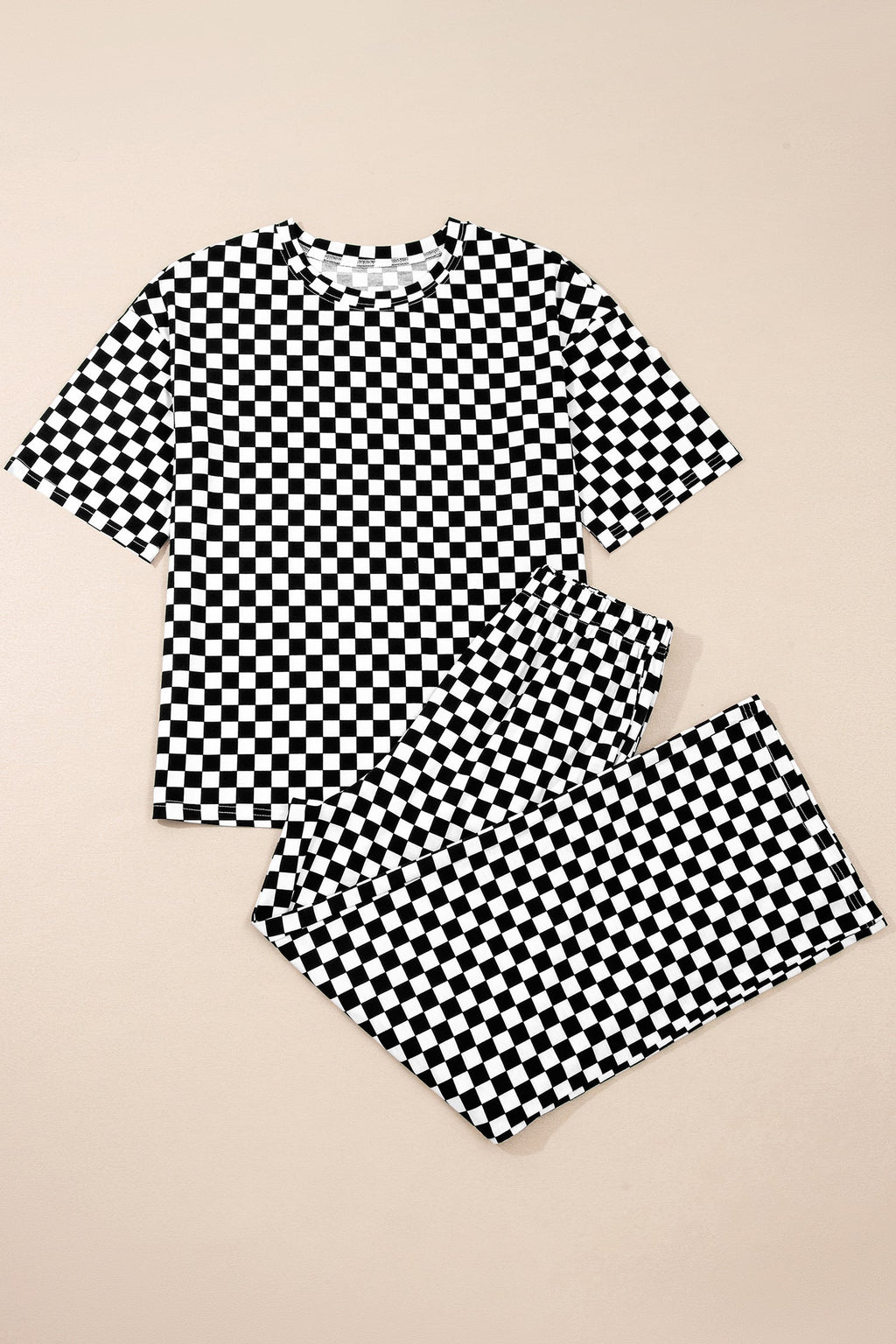 Black Checkered Print Half Sleeve Tee 2pcs Lounge Pant Set