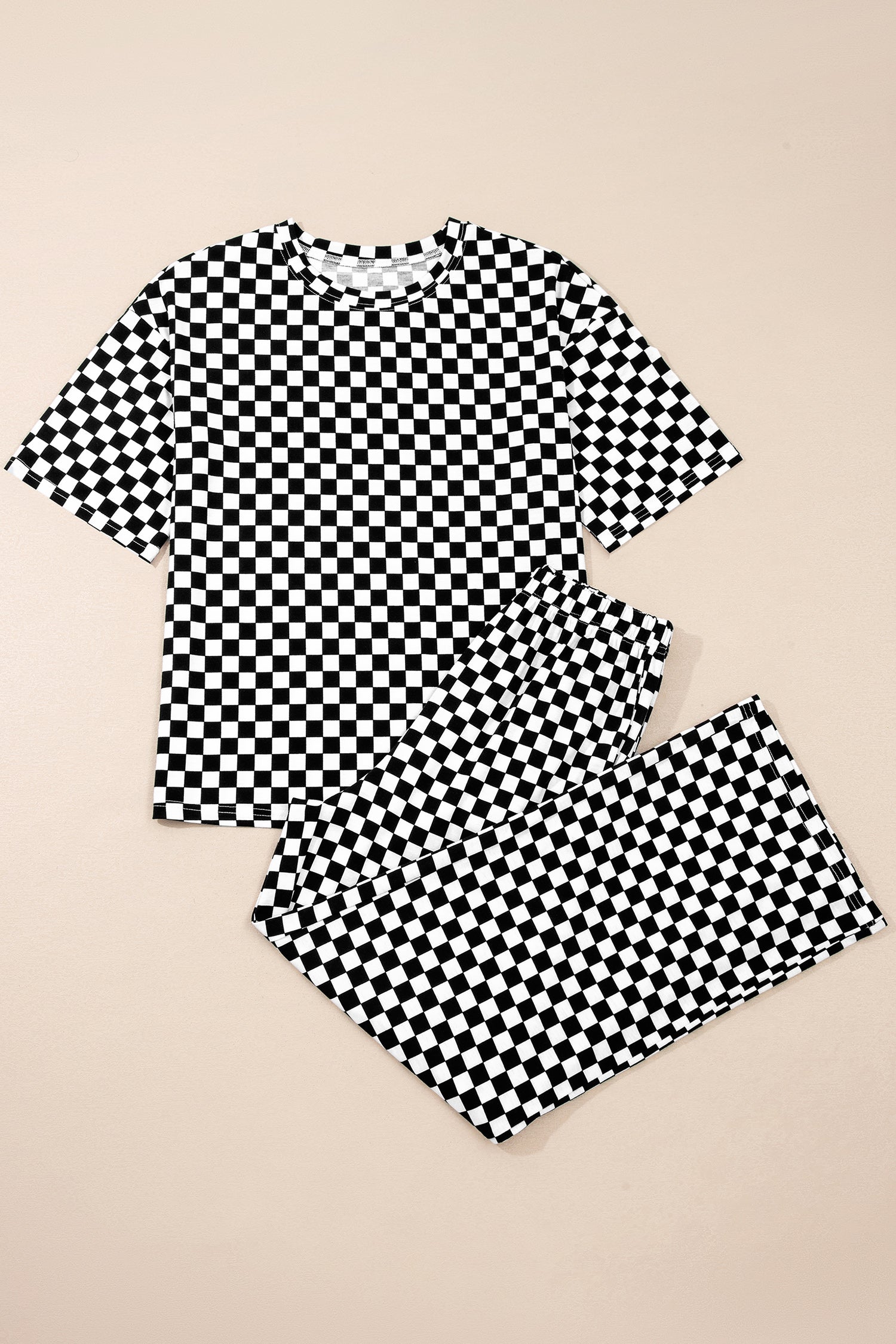 Black Checkered Print Half Sleeve Tee 2pcs Lounge Pant Set