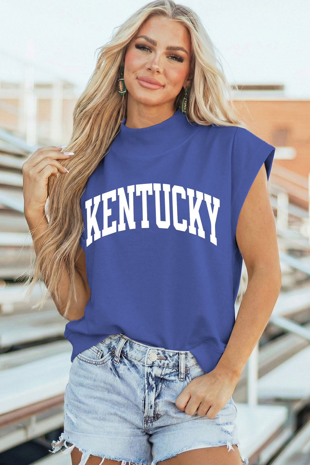 Sky Blue KENTUCKY Leopard KY Double Side Printed Mock Neck Tee