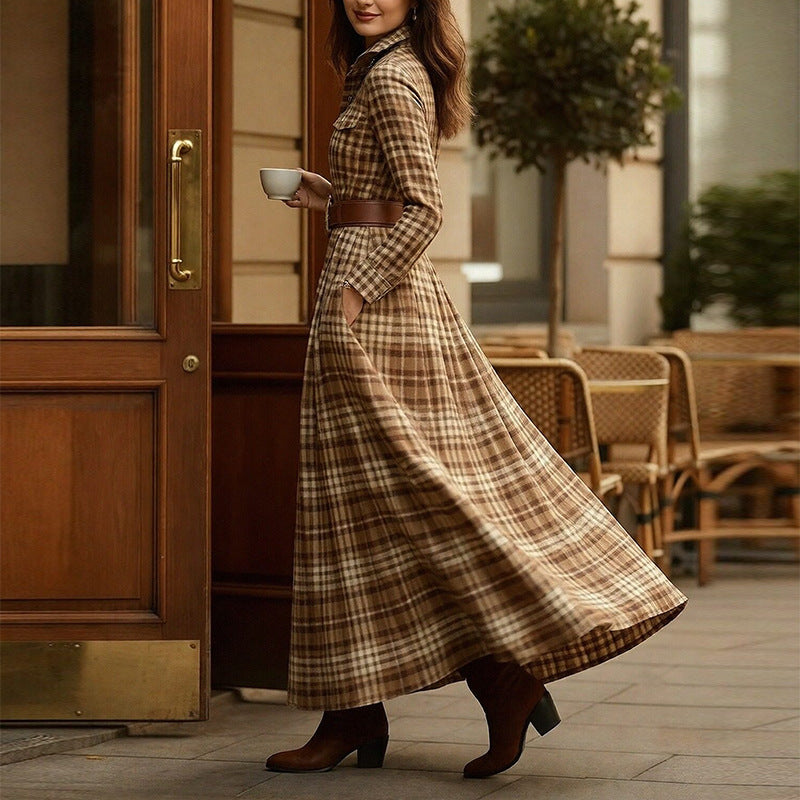 Women's Printed Lapel Slim-Fit Dress – Elegant Commuter Style