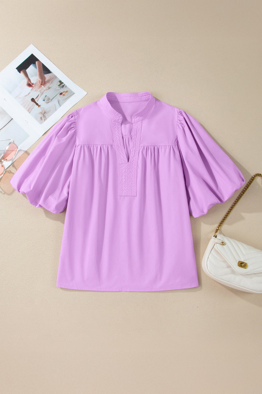 Phalaenopsis Stitched Detail V Neck Puffy Half Sleeve Blouse