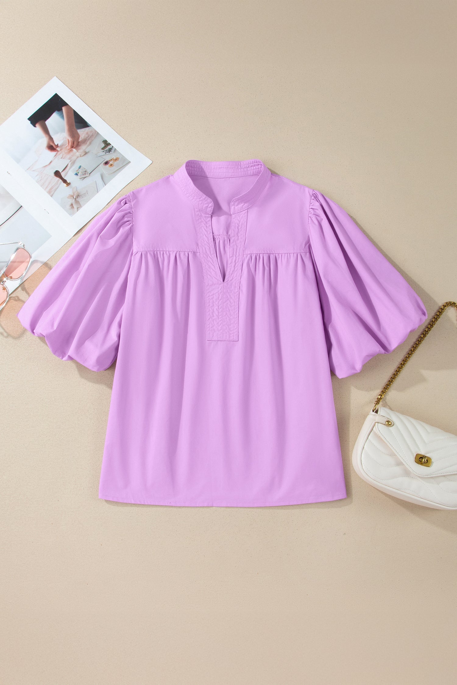 Phalaenopsis Stitched Detail V Neck Puffy Half Sleeve Blouse