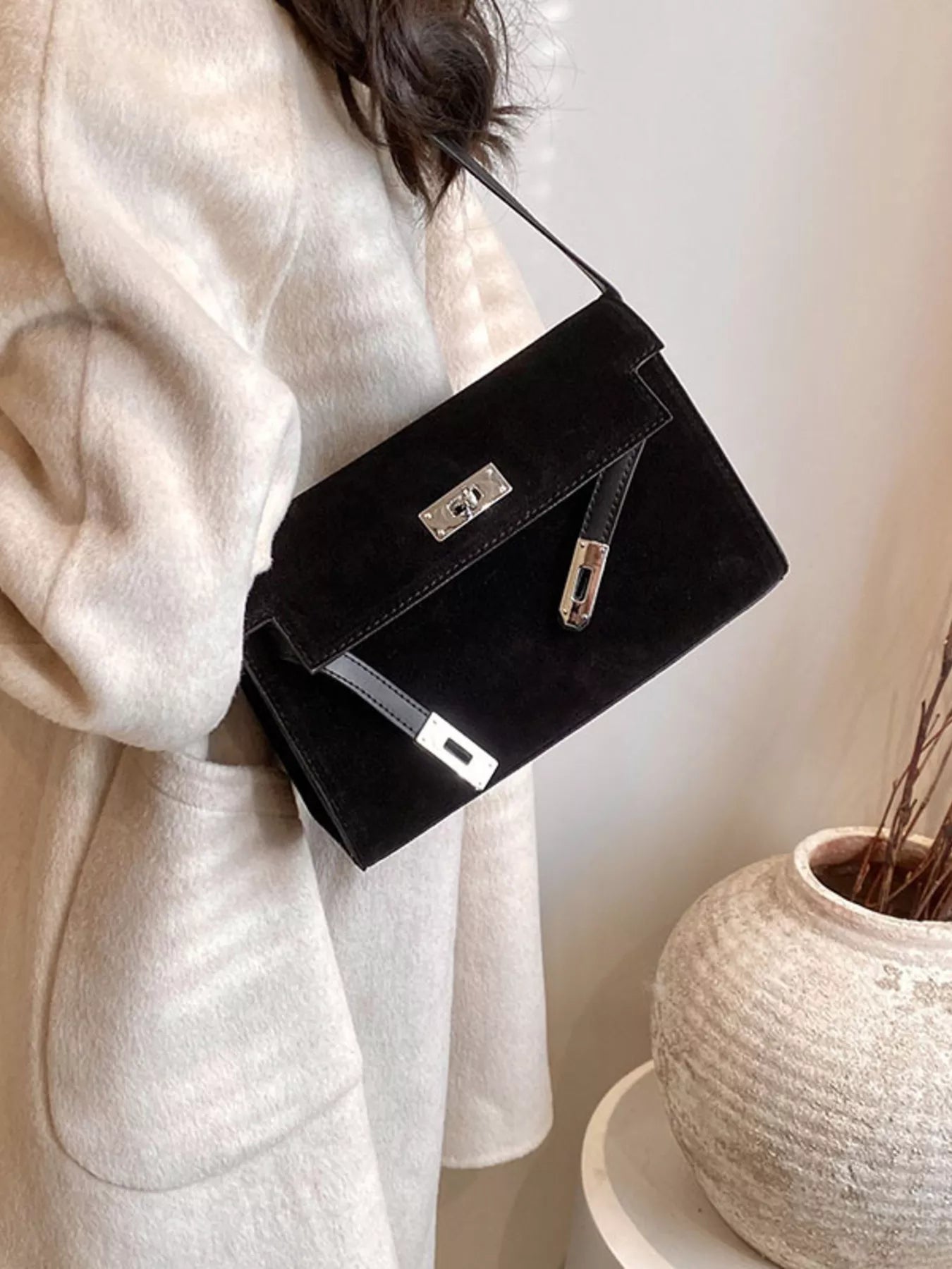 Solid Color Buckle Shoulder Bag
