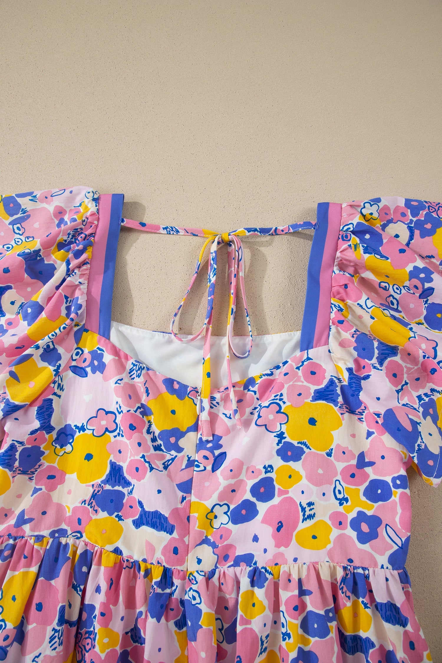 Multicolour Floral Print Flutter Sleeve Striped Trim Square Neck Loose Mini Dress