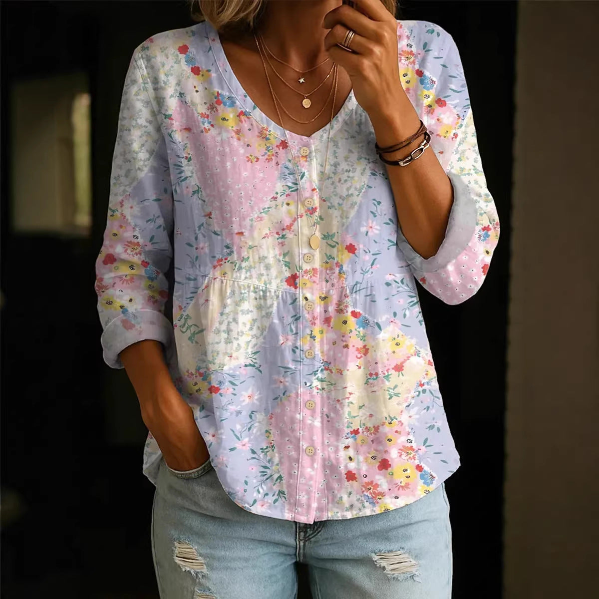 Women's Plus-Size Printed Boho Loose Fit 3/4 Sleeve Top