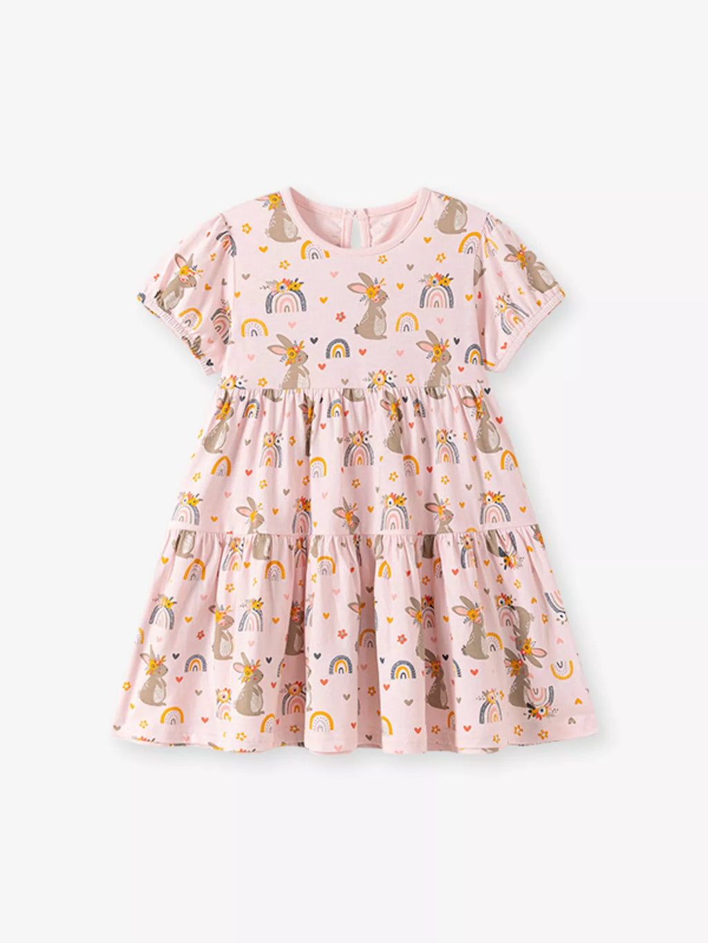 Children's Tiered Bunny Rainbow Print Casual Dress