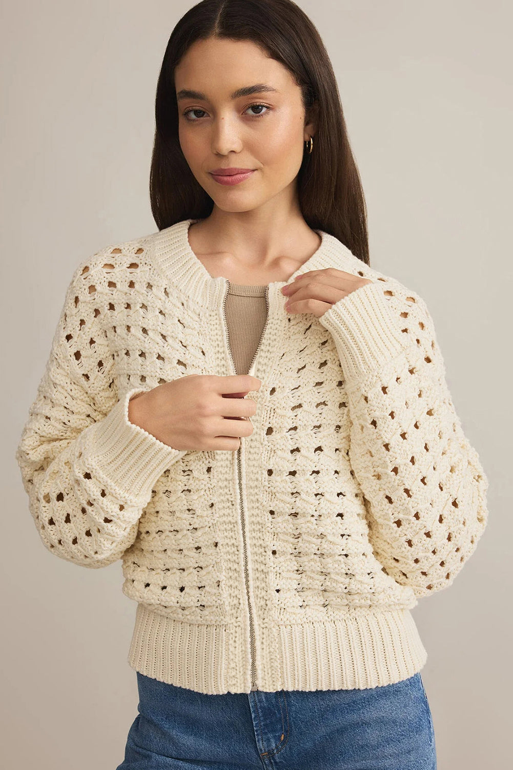 Beige Hollowed Pattern Knit Zip Up Drop Shoulder Sweater Cardigan