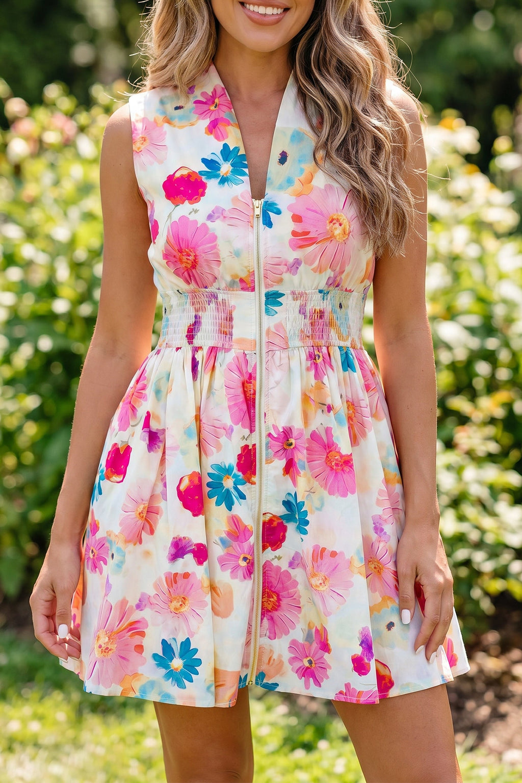 Pink Adorable Floral Print V Neck Zip Up Smocked Waist Flared Mini Dress