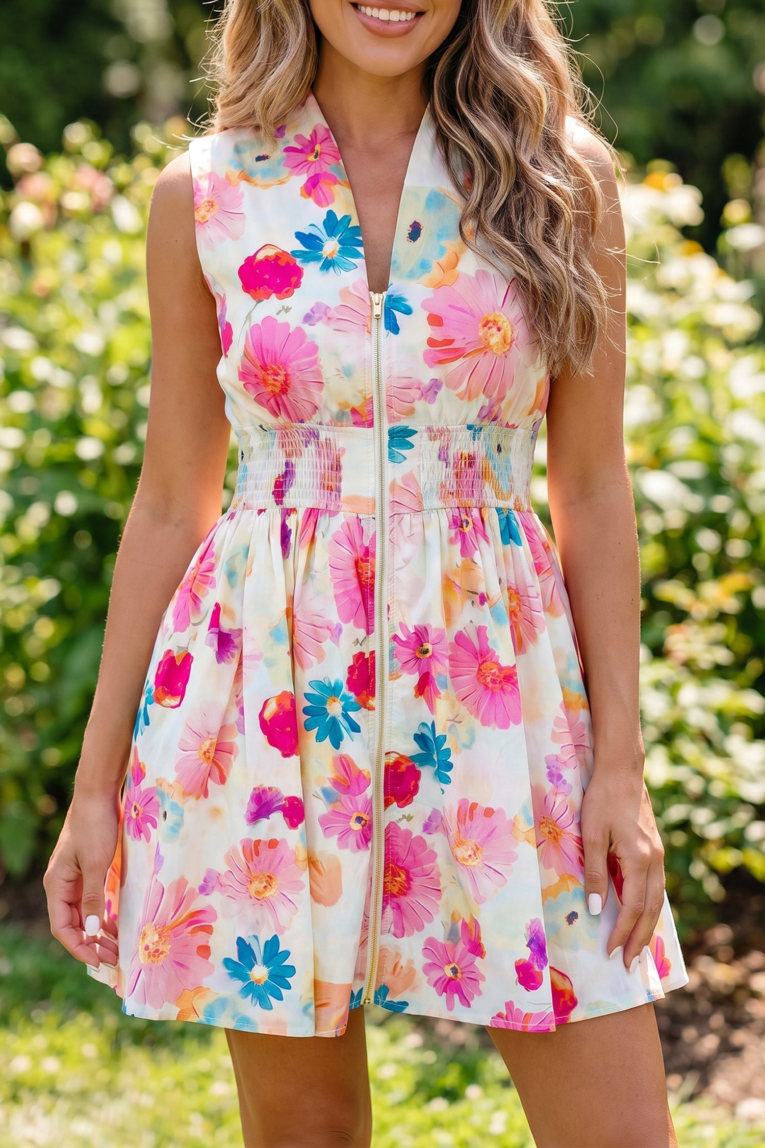 Pink Adorable Floral Print V Neck Zip Up Smocked Waist Flared Mini Dress