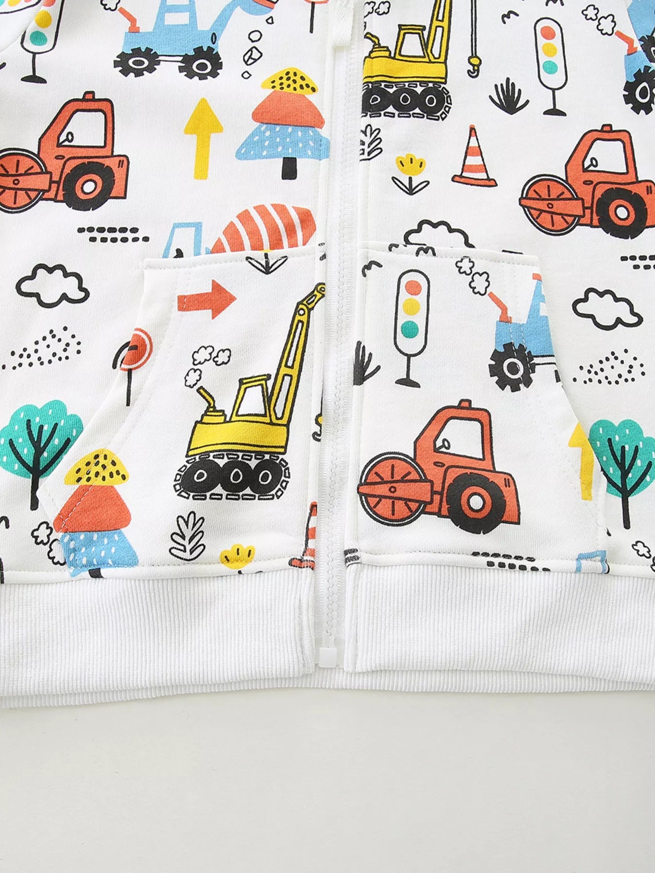 Children's Cartoon Construction Vehicle Print Zip-Up Jacket