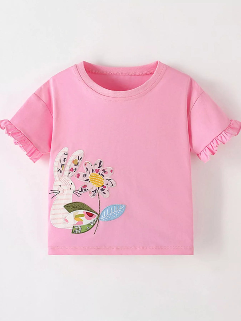 Children's Cute Bunny & Flower Applique Ruffle Sleeve T-Shirt