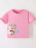 Children's Cute Bunny & Flower Applique Ruffle Sleeve T-Shirt
