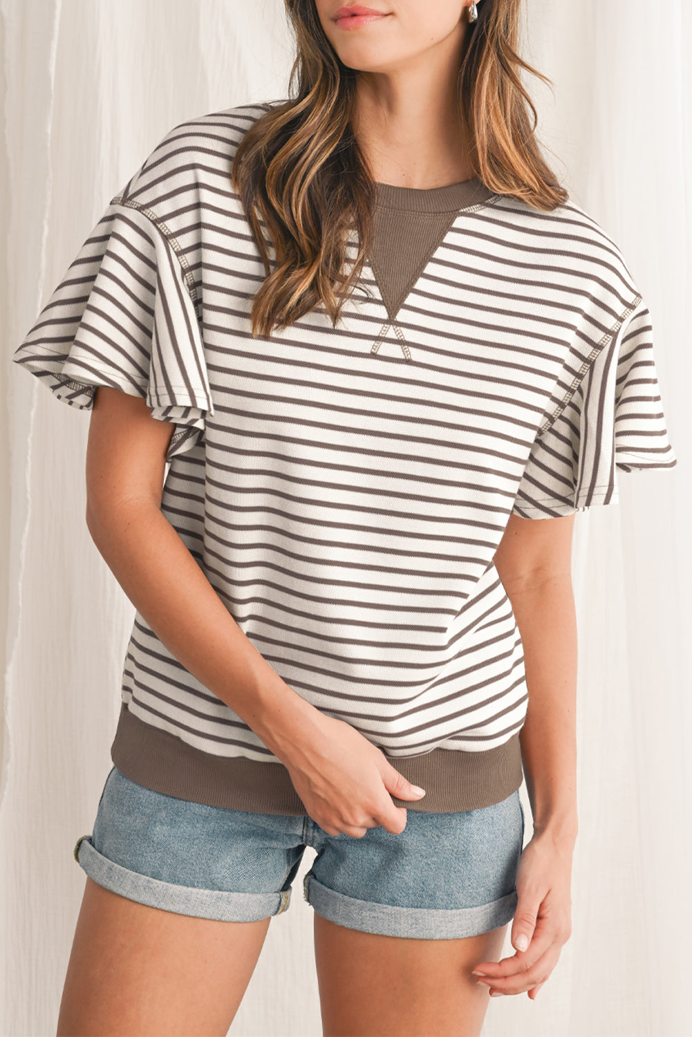 Bright Green Striped Ruffle Sleeve Round Neck Top