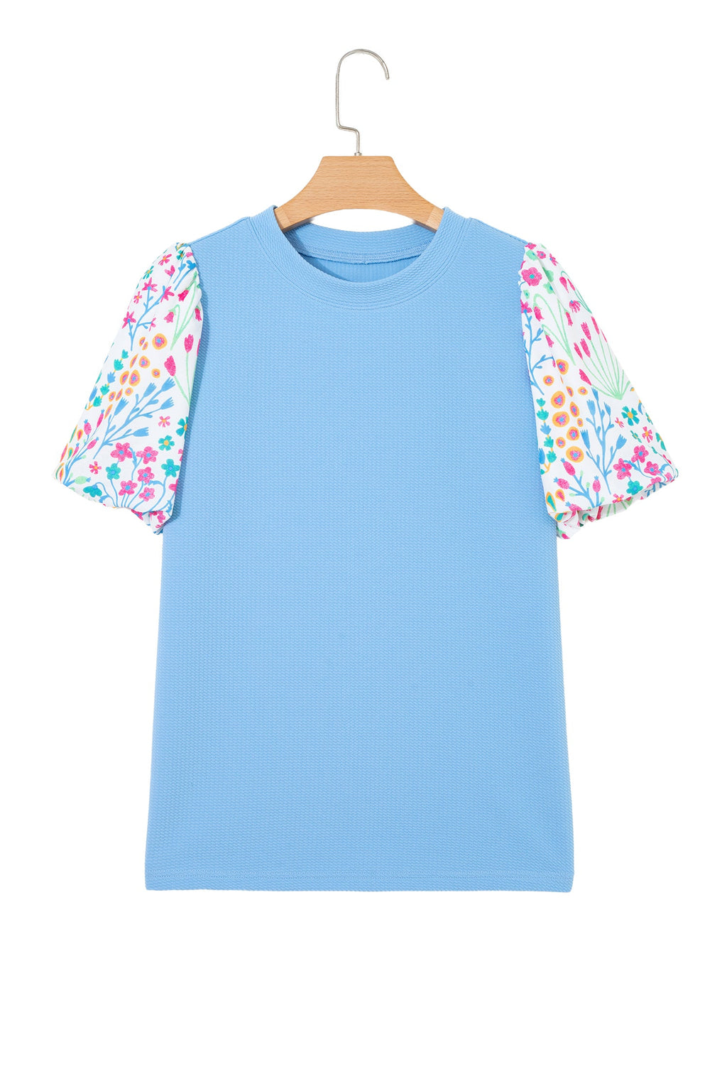 Light Blue Round Neck Textured Contrast Floral Bubble Sleeve Blouse