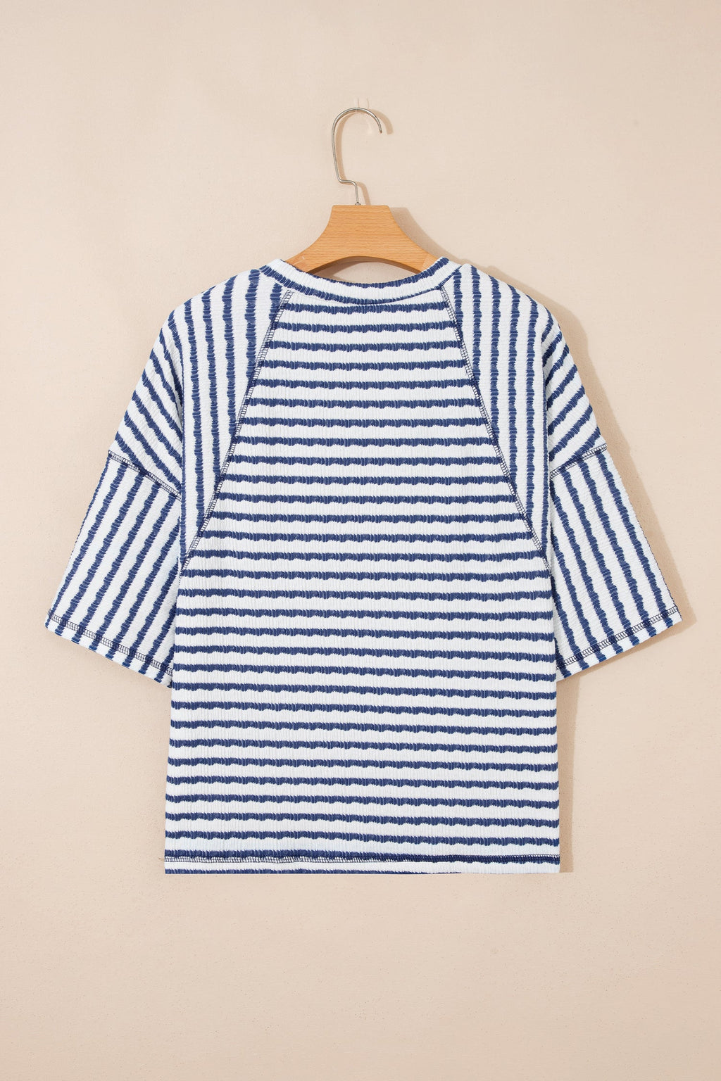 Blue Stripe Textured Knit Split Hem Half Sleeve Loose Top