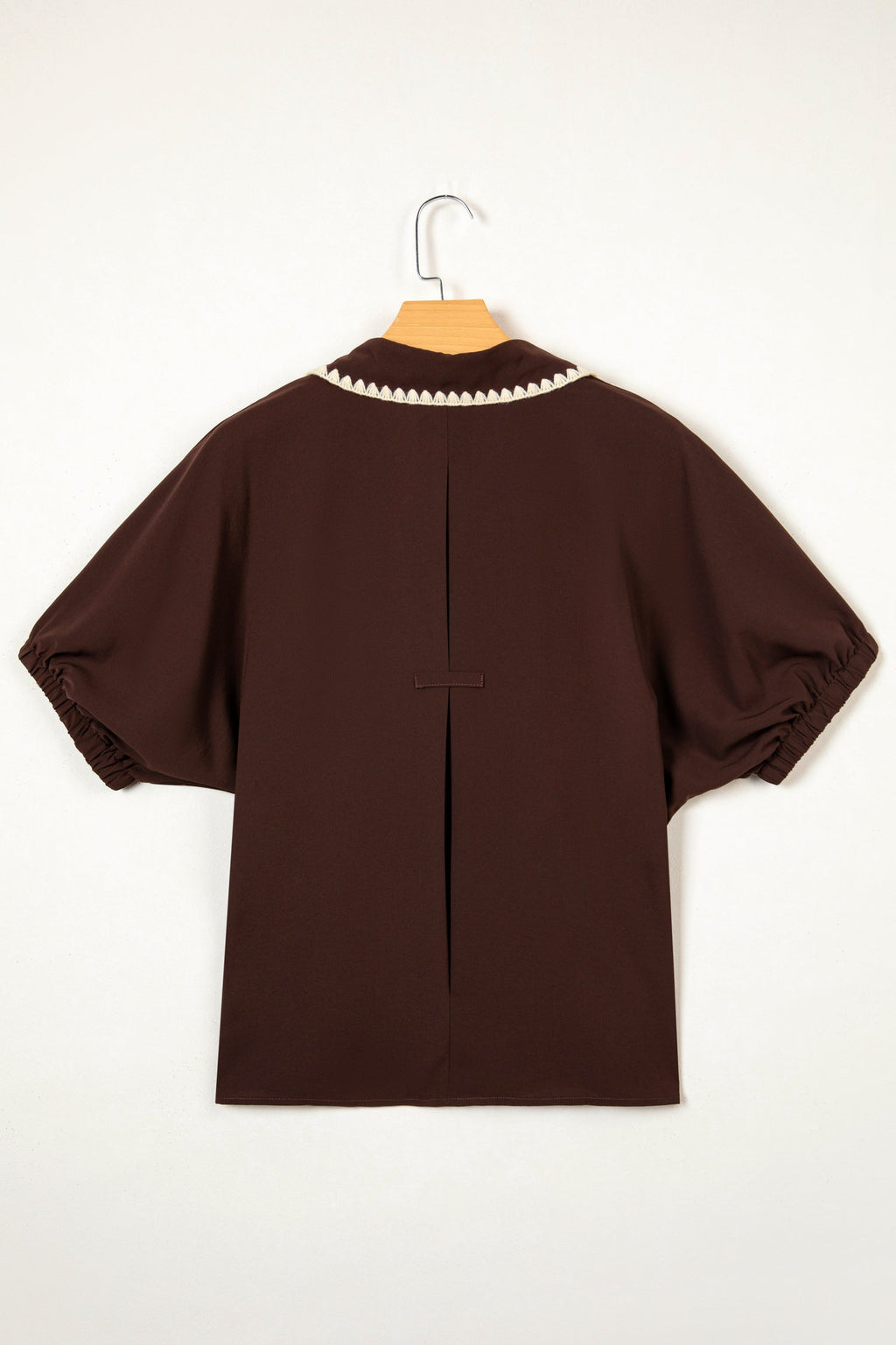 Coffee Shirt Collar Contrast Trim Button V Neck Short Sleeve Blouse