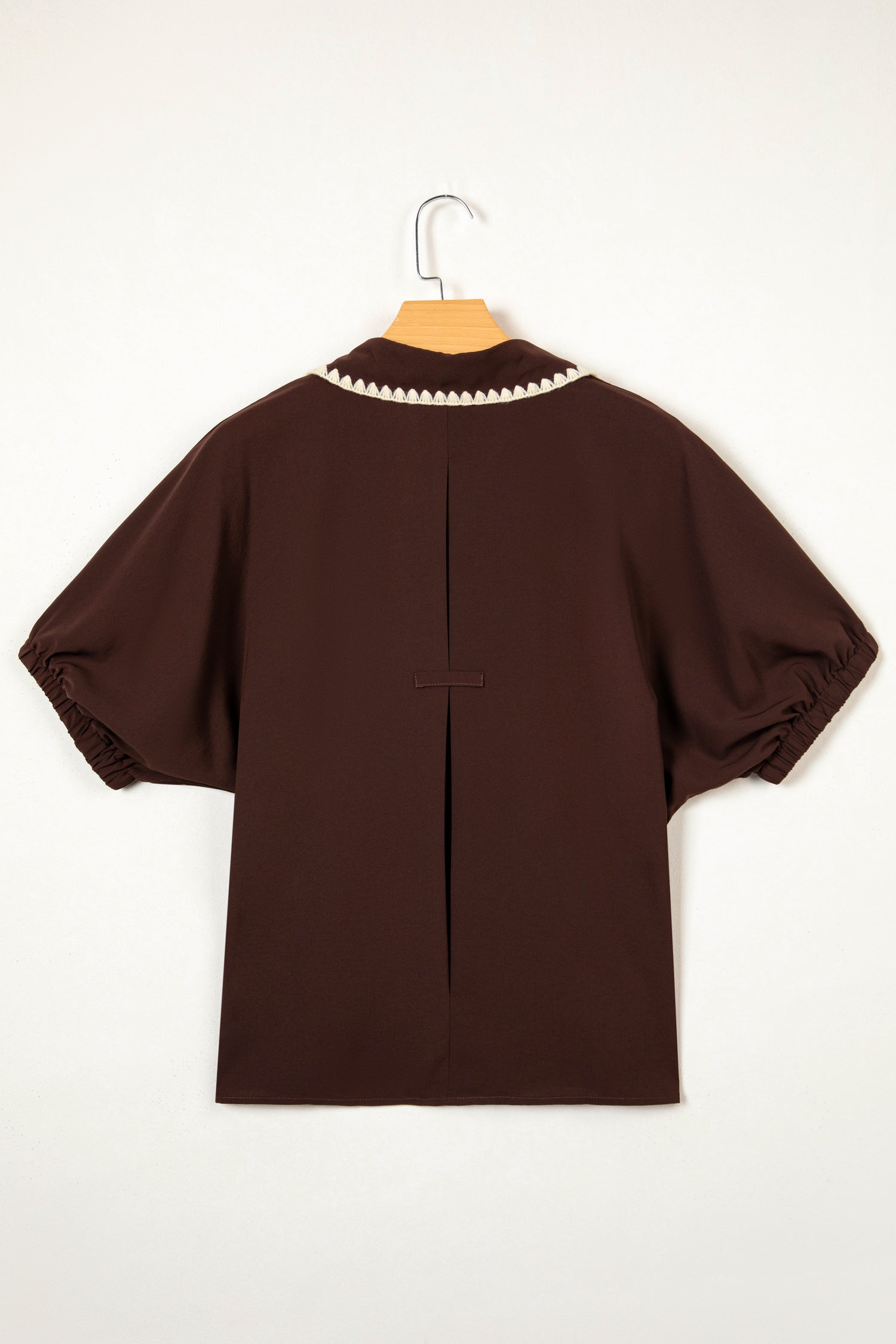 Coffee Shirt Collar Contrast Trim Button V Neck Short Sleeve Blouse