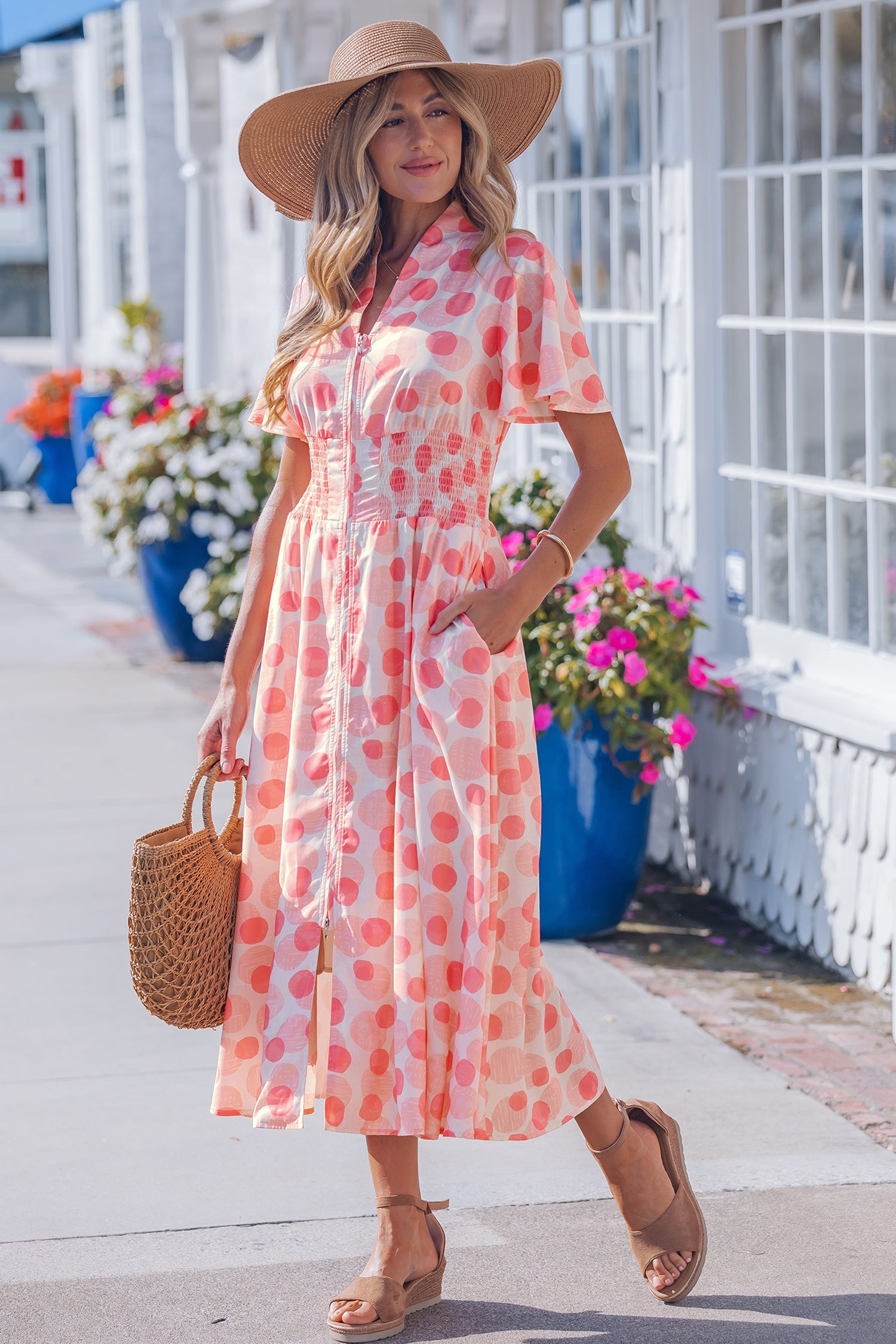 Pink Polka Dot Printed Ruffle Short Sleeve Zip Up Long Dress