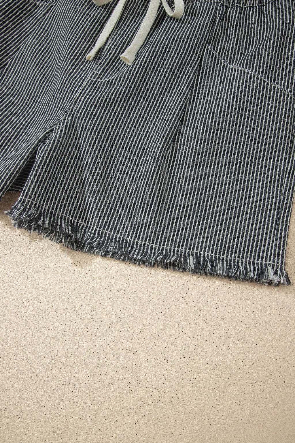 Black Stripe Raw Edge Drawstring Elastic Waist Casual Denim Shorts