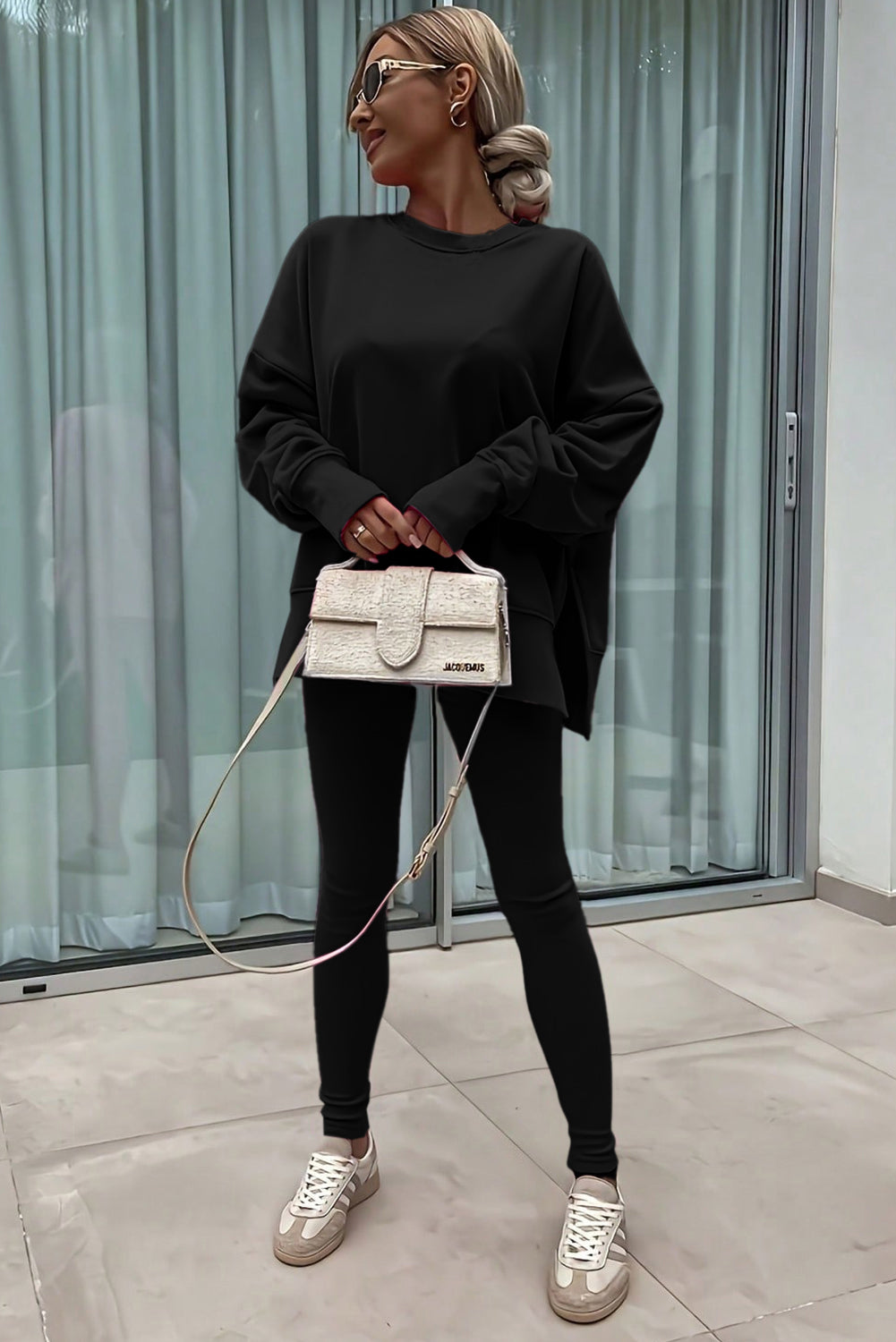 Black Solid Color Oversize Slit Sweatshirt Ribbed Leggings 2pcs Set