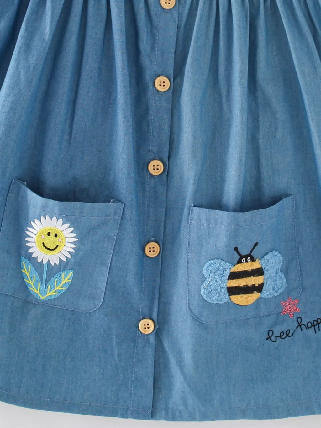 Children's Cute Embroidered Button-Front Denim Dress