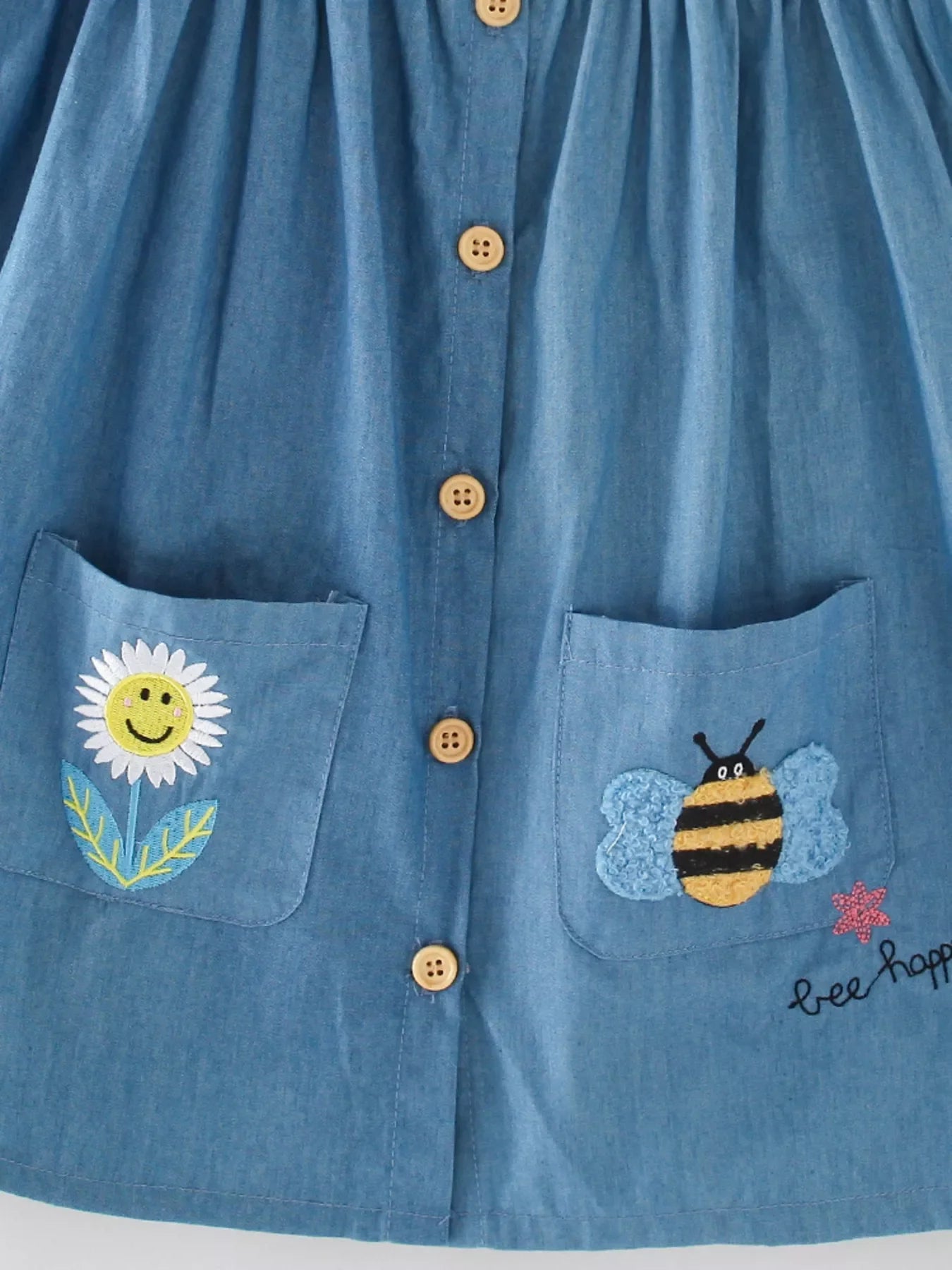Children's Cute Embroidered Button-Front Denim Dress