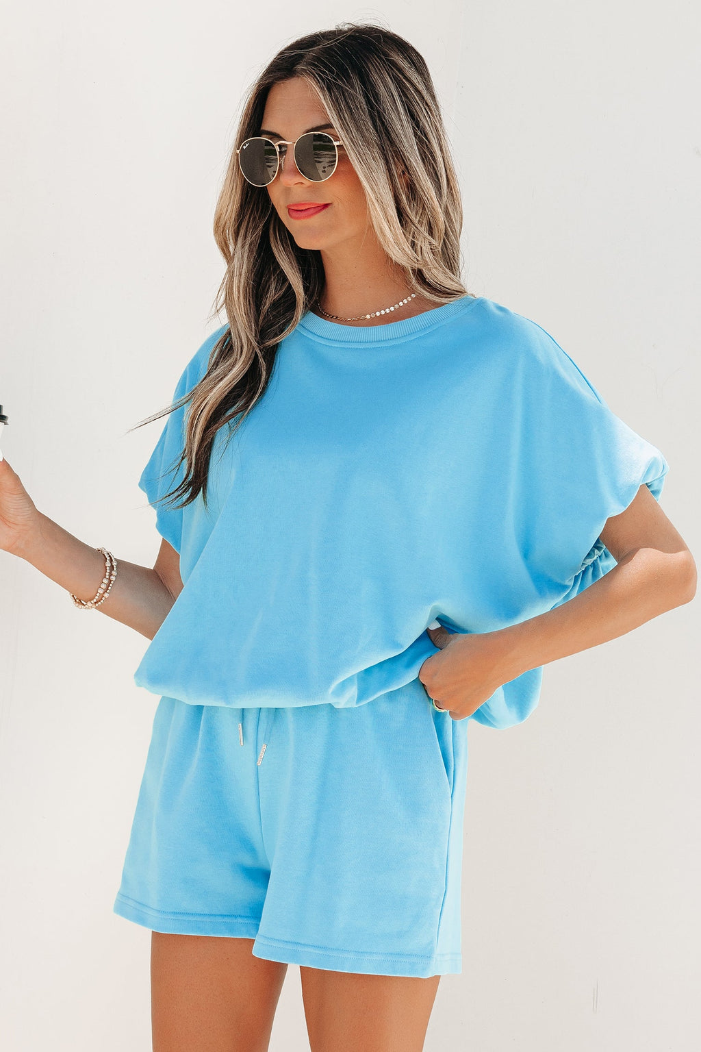 Light Blue Solid Color Puffy Loose Top Drawstring Shorts 2pcs Outfit
