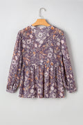 Blue Boho Flower Print 3/4 Sleeve Babydoll Blouse