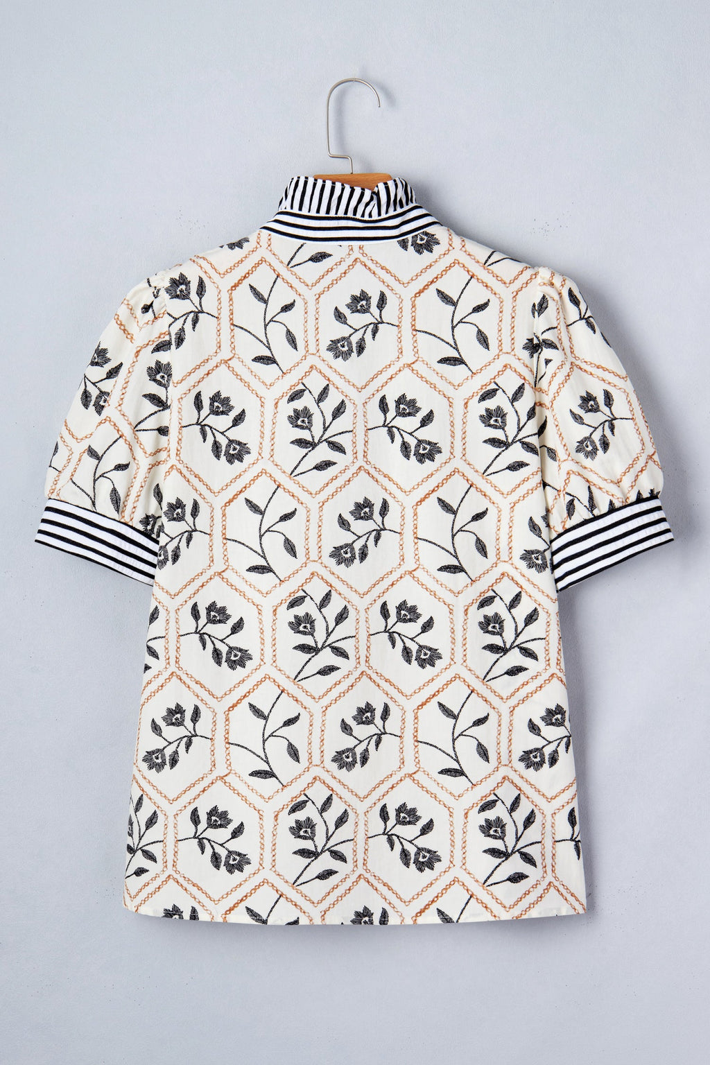 White Floral Print Striped Patchwork Button Neck Short Sleeve Blouse