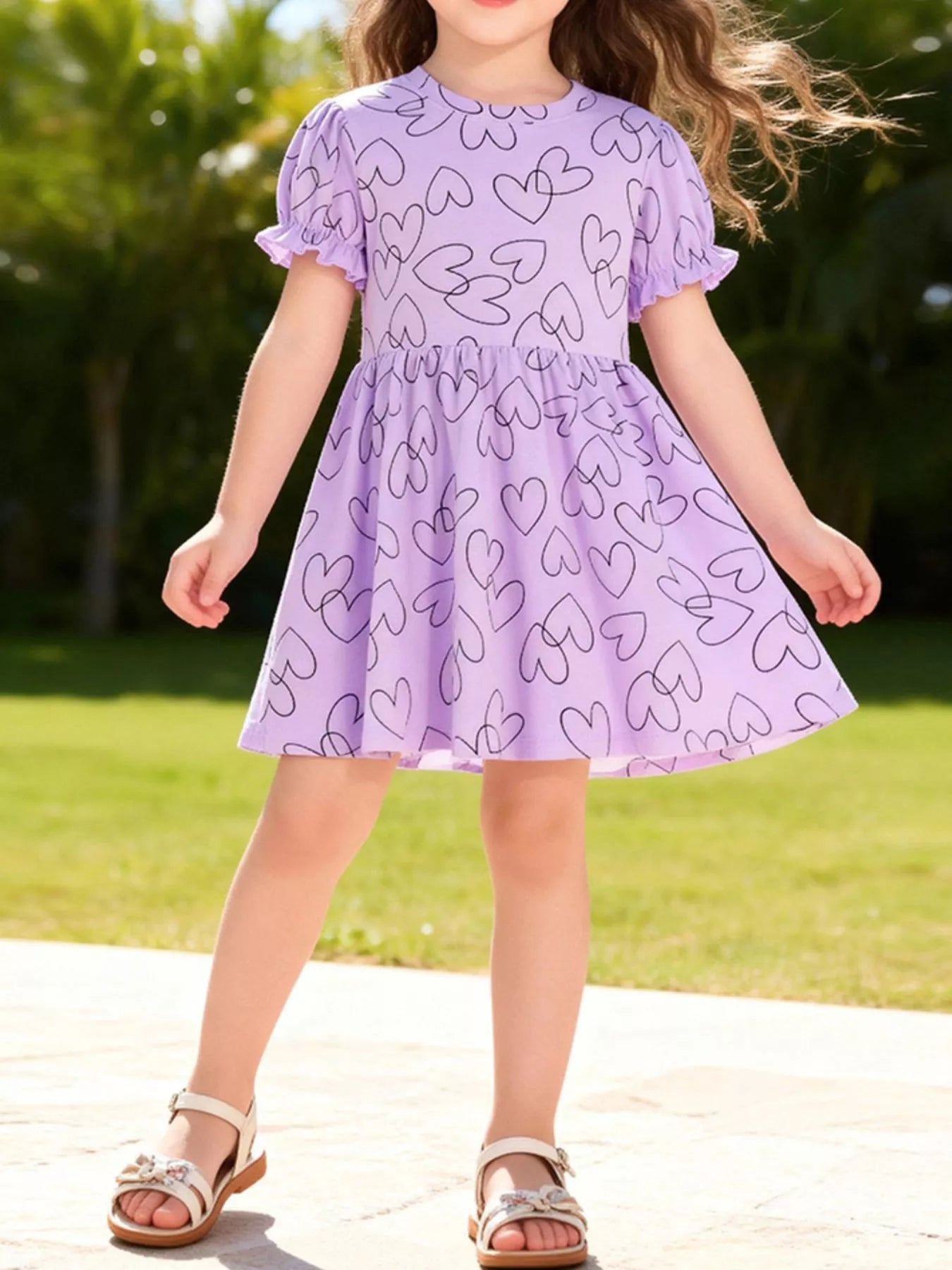 Children's Heart Print Ruffle Sleeve Casual Dress