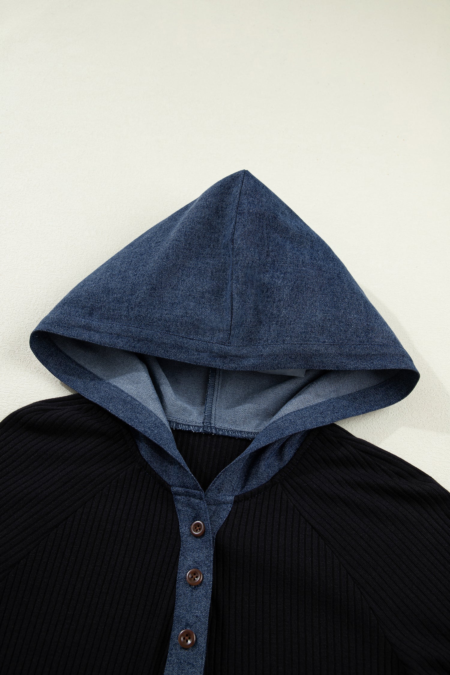 Black Ribbed Knit Contrast Denim Patchwork Hooded Long Sleeve Top